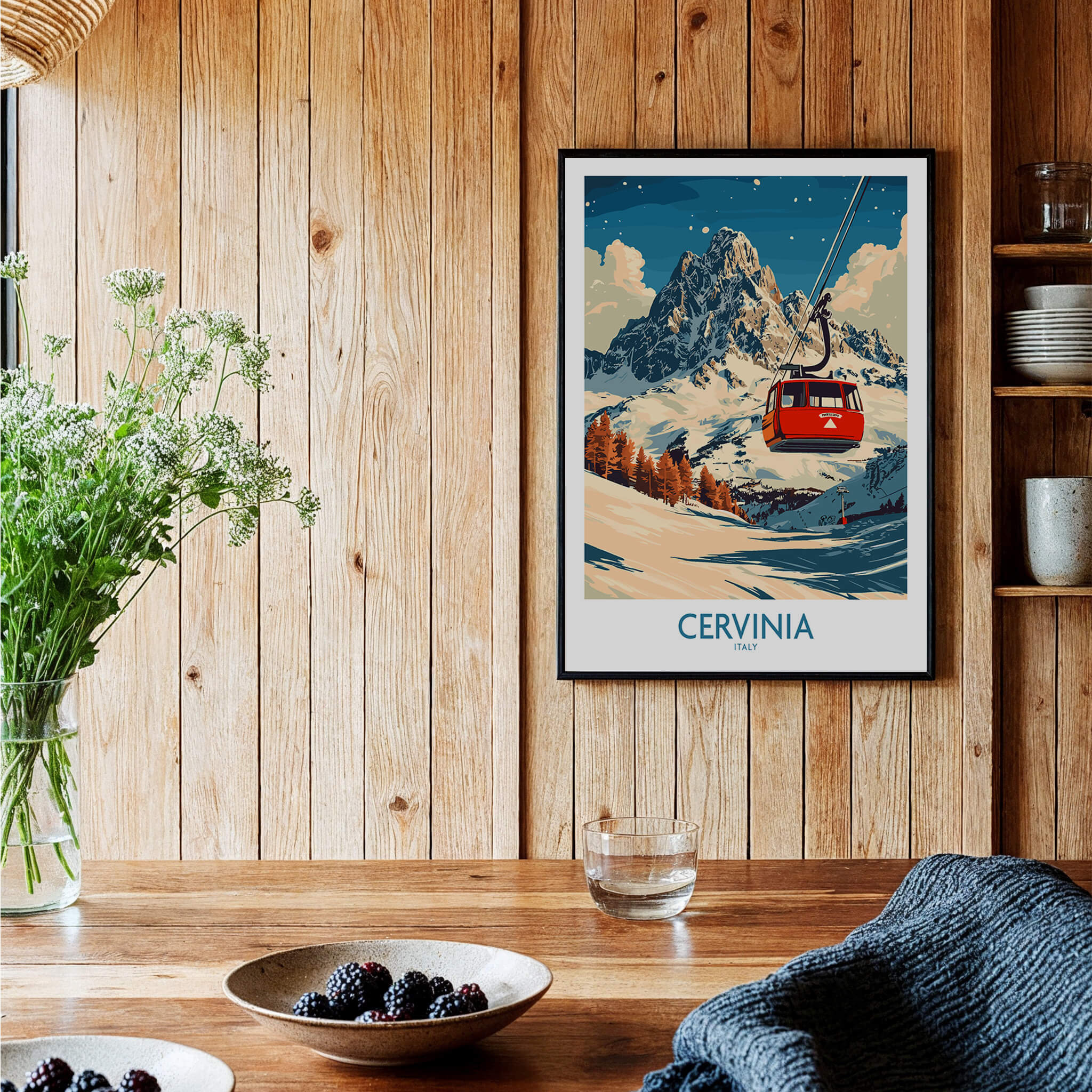 Cervinia Ski Poster showcasing a red gondola above snowy mountains and vibrant landscapes.
