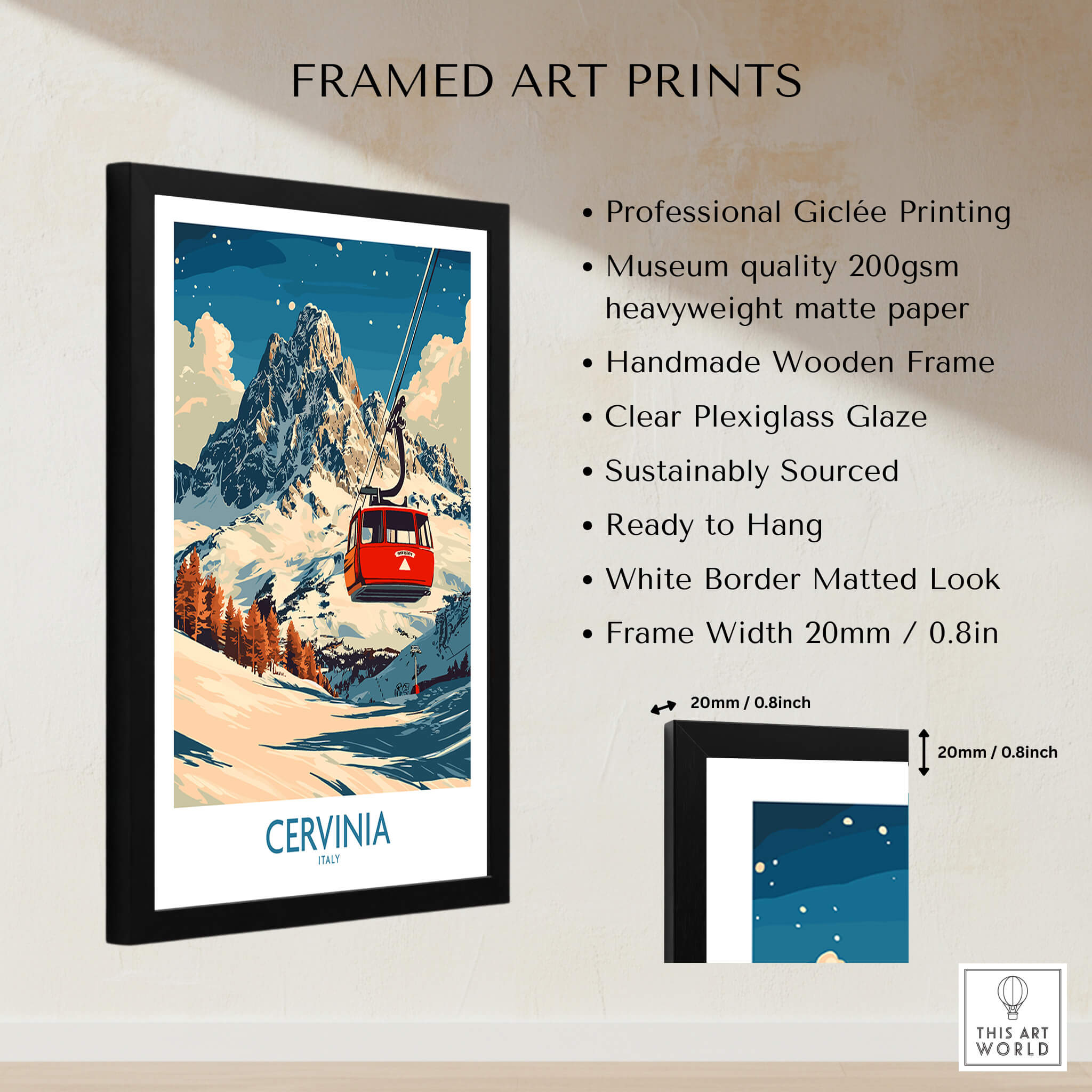 Cervinia Ski Poster framed art print featuring vibrant colors and stunning mountain landscapes.