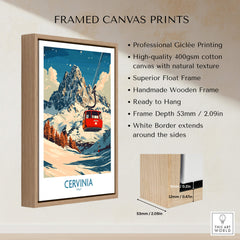 Cervinia Ski Poster featuring a vibrant ski scene and framed in wood, ideal for wall decoration.