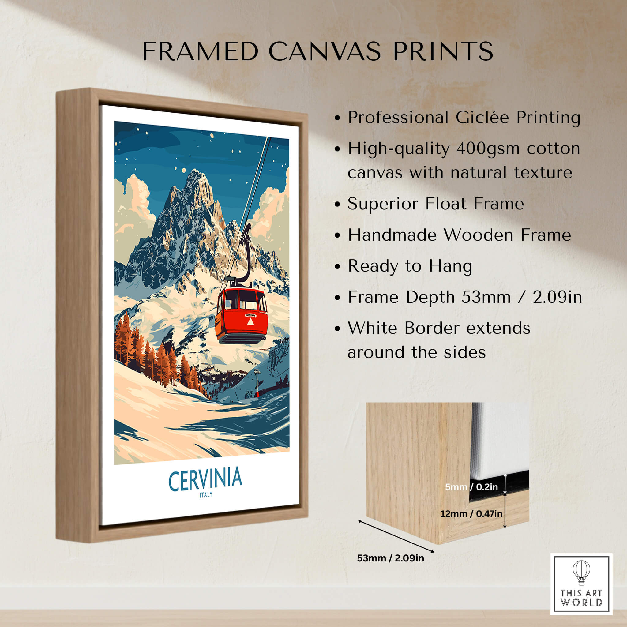 Cervinia Ski Poster featuring a vibrant ski scene and framed in wood, ideal for wall decoration.