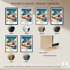Various framed options for Cervinia Ski Poster displaying color choices: Black, White, Natural, Brown, Gold, Silver.