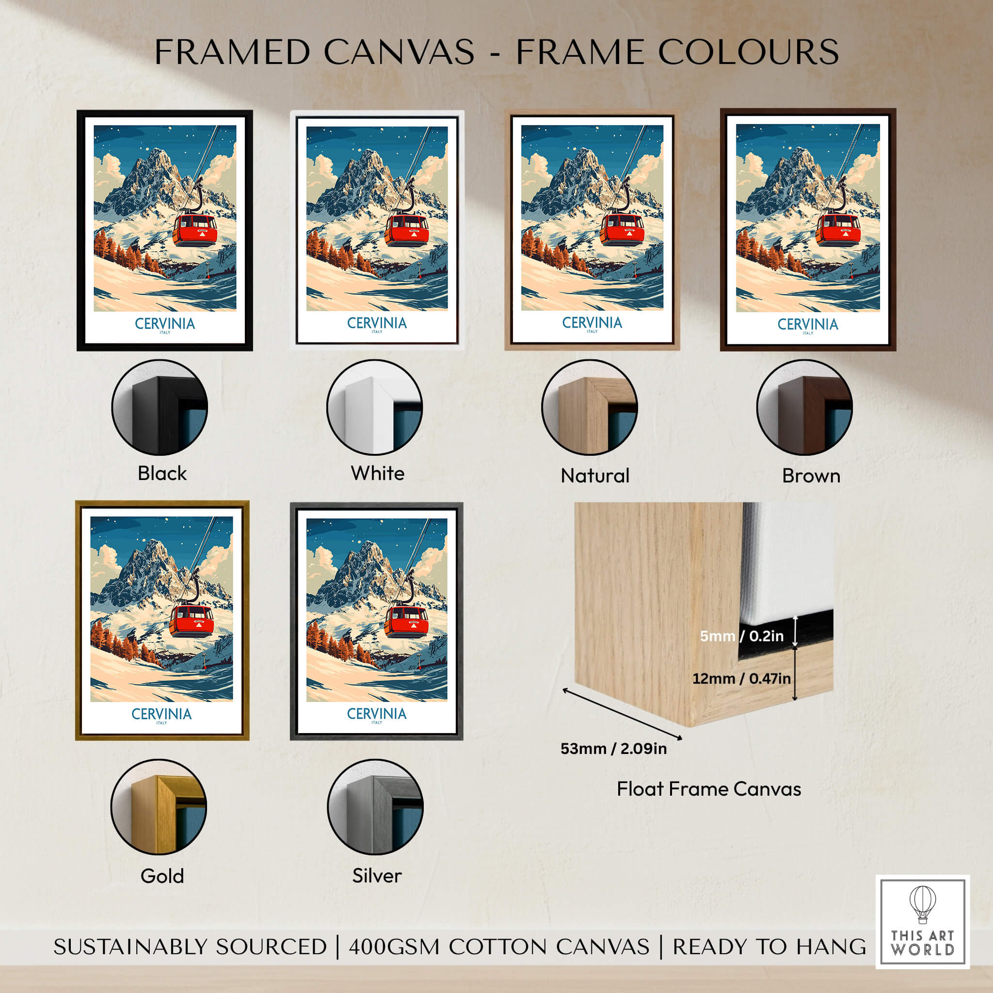 Various framed options for Cervinia Ski Poster displaying color choices: Black, White, Natural, Brown, Gold, Silver.