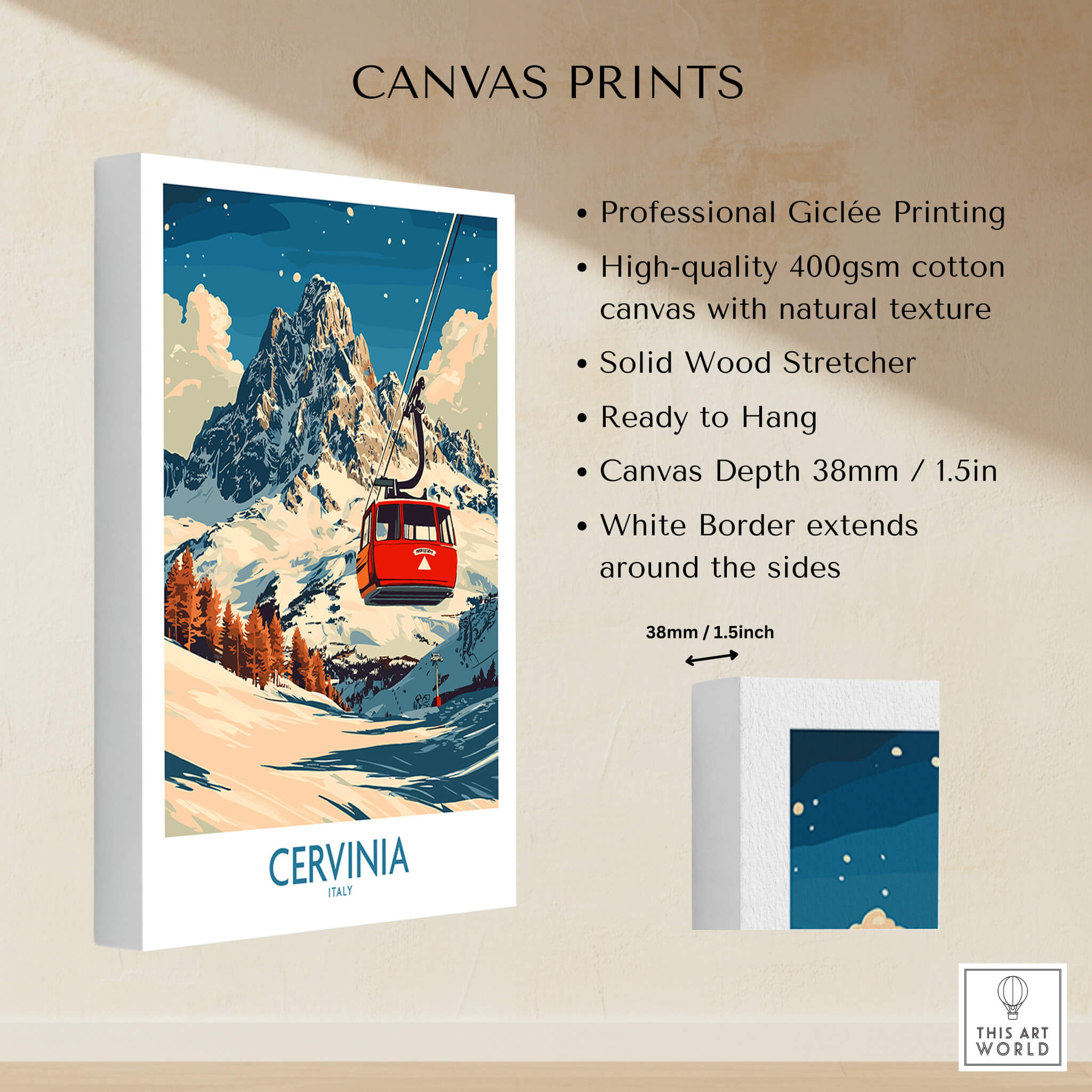 Cervinia Ski Poster featuring a stunning mountain landscape and cable car, perfect for ski lovers decor.