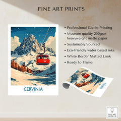 Cervinia Ski Poster featuring vibrant landscape and ski gondola, perfect for ski enthusiasts and home decor.
