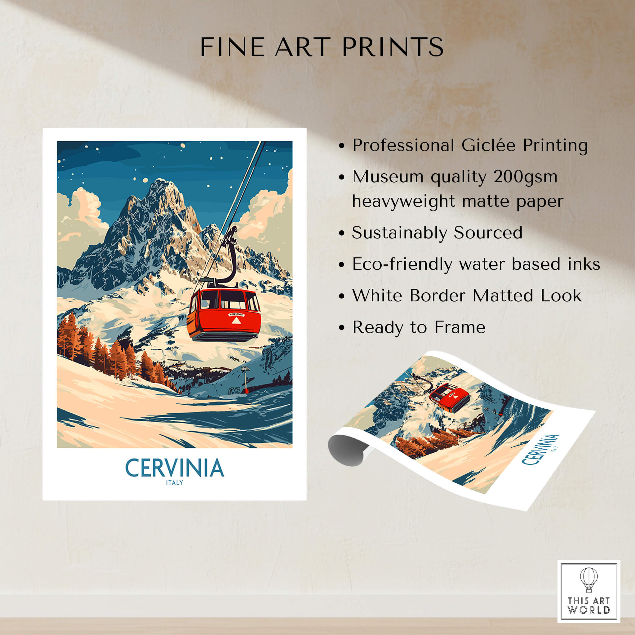 Cervinia Ski Poster featuring vibrant landscape and ski gondola, perfect for ski enthusiasts and home decor.