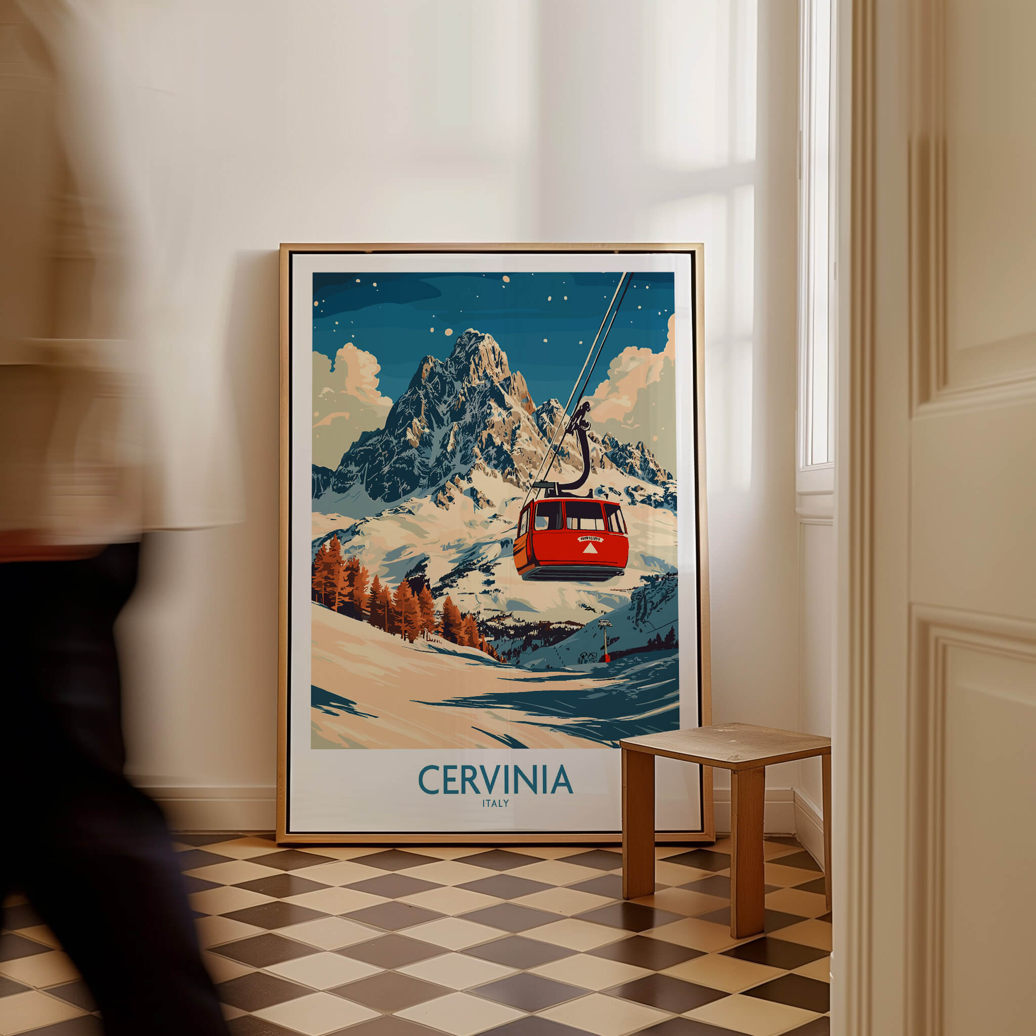 Cervinia Ski Poster showcasing a red gondola on snowy mountains, perfect for ski enthusiasts to enhance home decor.