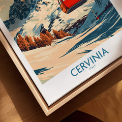 Cervinia Ski Poster featuring vibrant skiing landscape and iconic red ski lift in Cervinia, Italy.