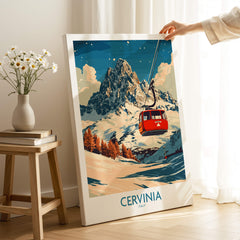 Cervinia Ski Poster showcasing a vibrant mountain landscape and gondola in Italy.