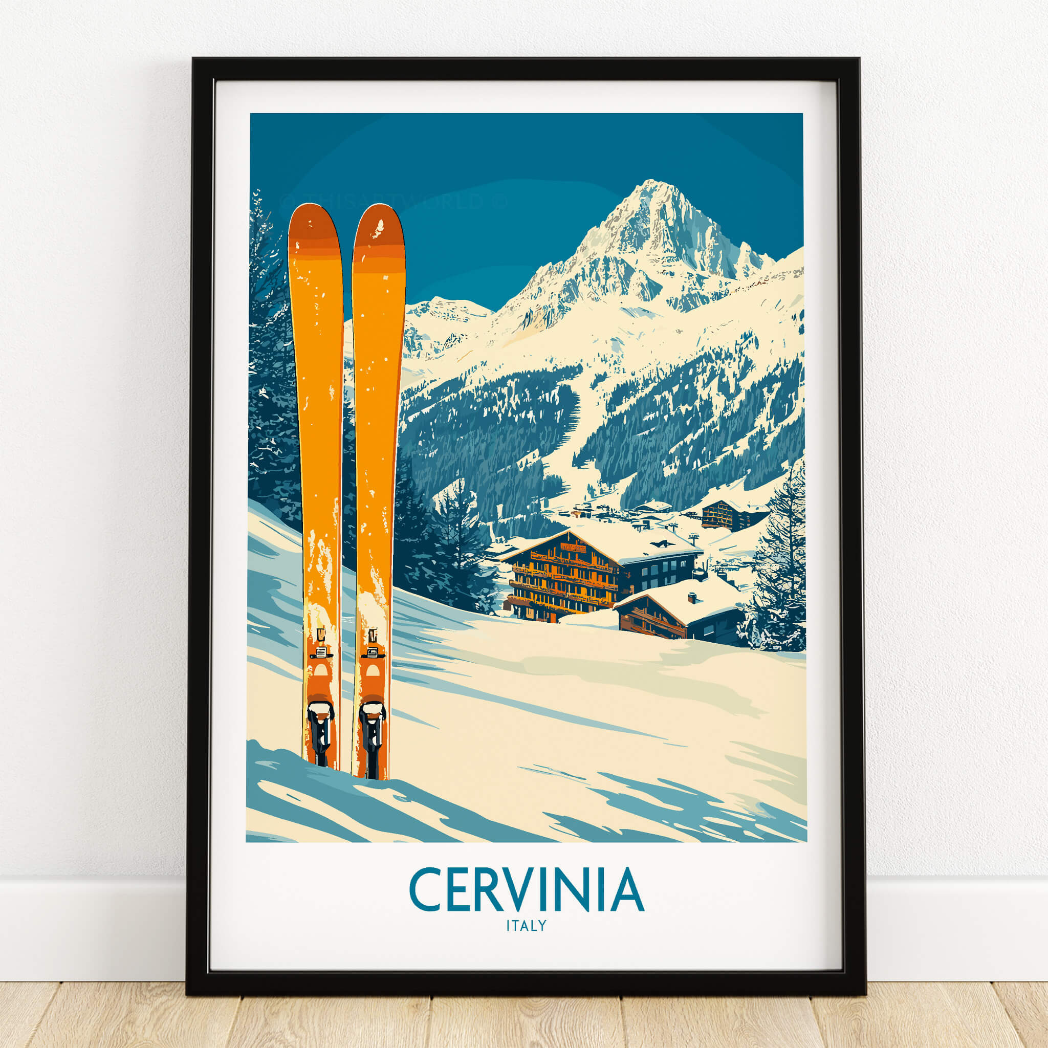 Cervinia Ski Wall Art Poster featuring vibrant orange skis against a stunning mountain backdrop in Cervinia, Italy.