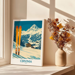 Cervinia Ski Wall Art Poster featuring vibrant skis against a snowy mountain backdrop, perfect for ski lovers.
