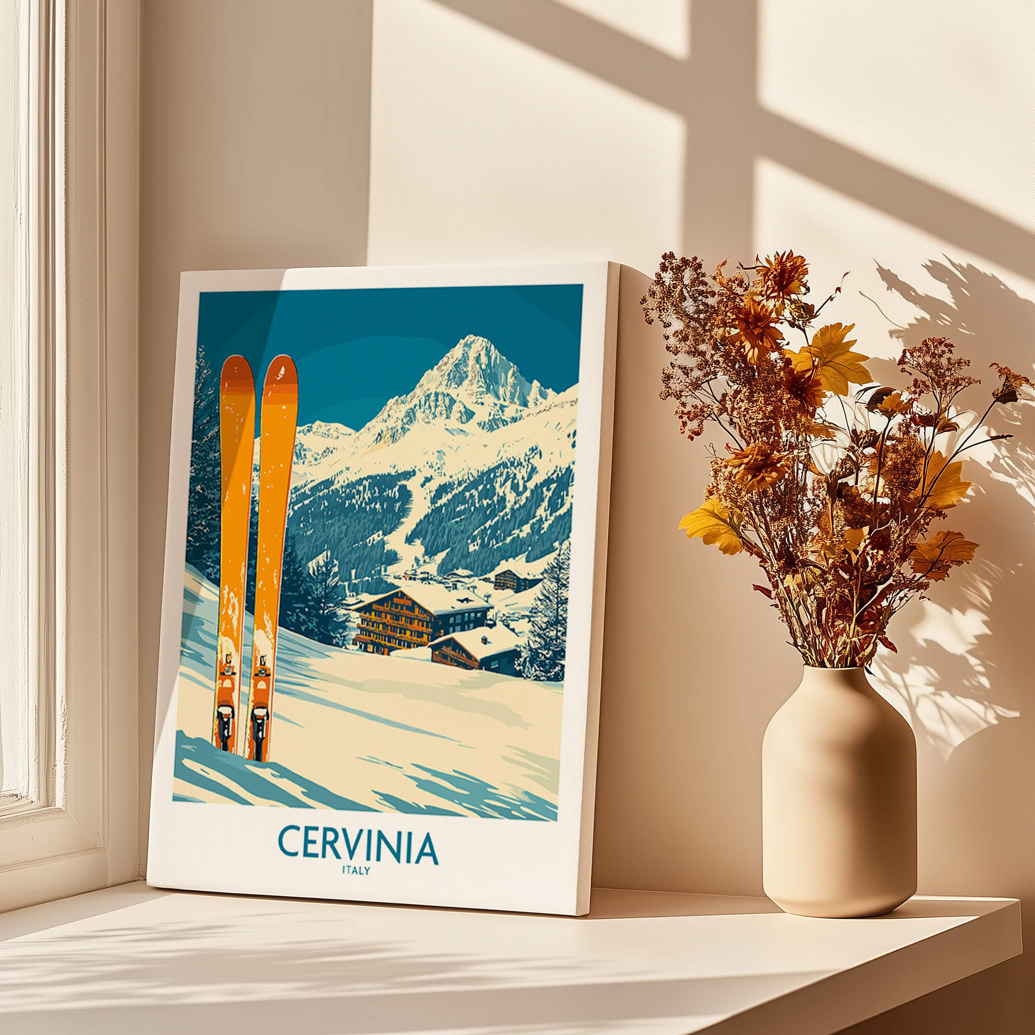 Cervinia Ski Wall Art Poster featuring vibrant skis against a snowy mountain backdrop, perfect for ski lovers.