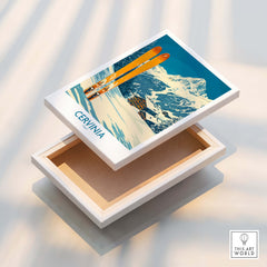 Cervinia Ski Wall Art Poster featuring vintage skis and Swiss Alps landscape, perfect for ski enthusiasts.