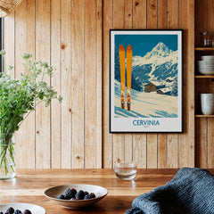 Cervinia Ski Wall Art Poster featuring snowy mountains and ski equipment in a cozy home setting.