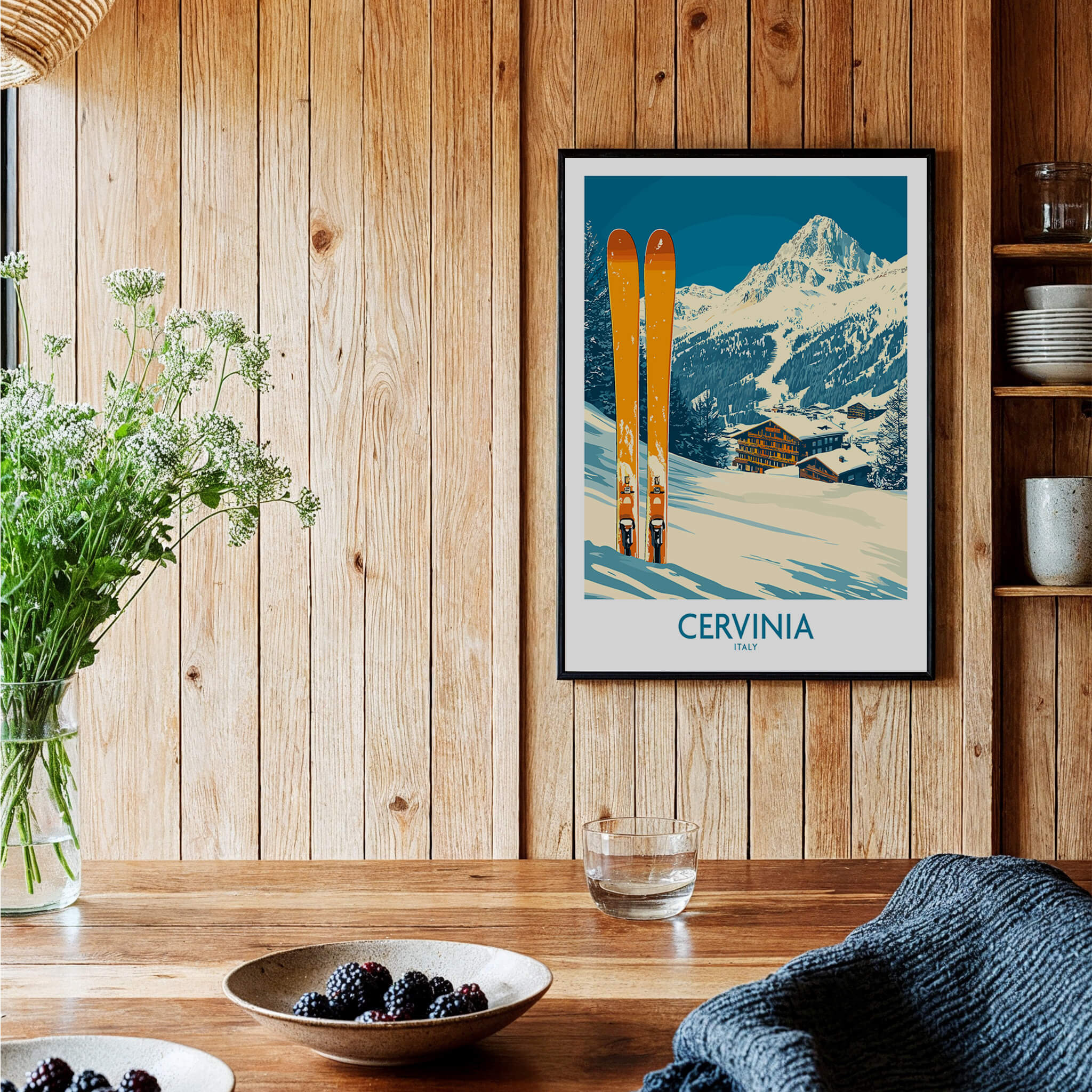 Cervinia Ski Wall Art Poster featuring snowy mountains and ski equipment in a cozy home setting.