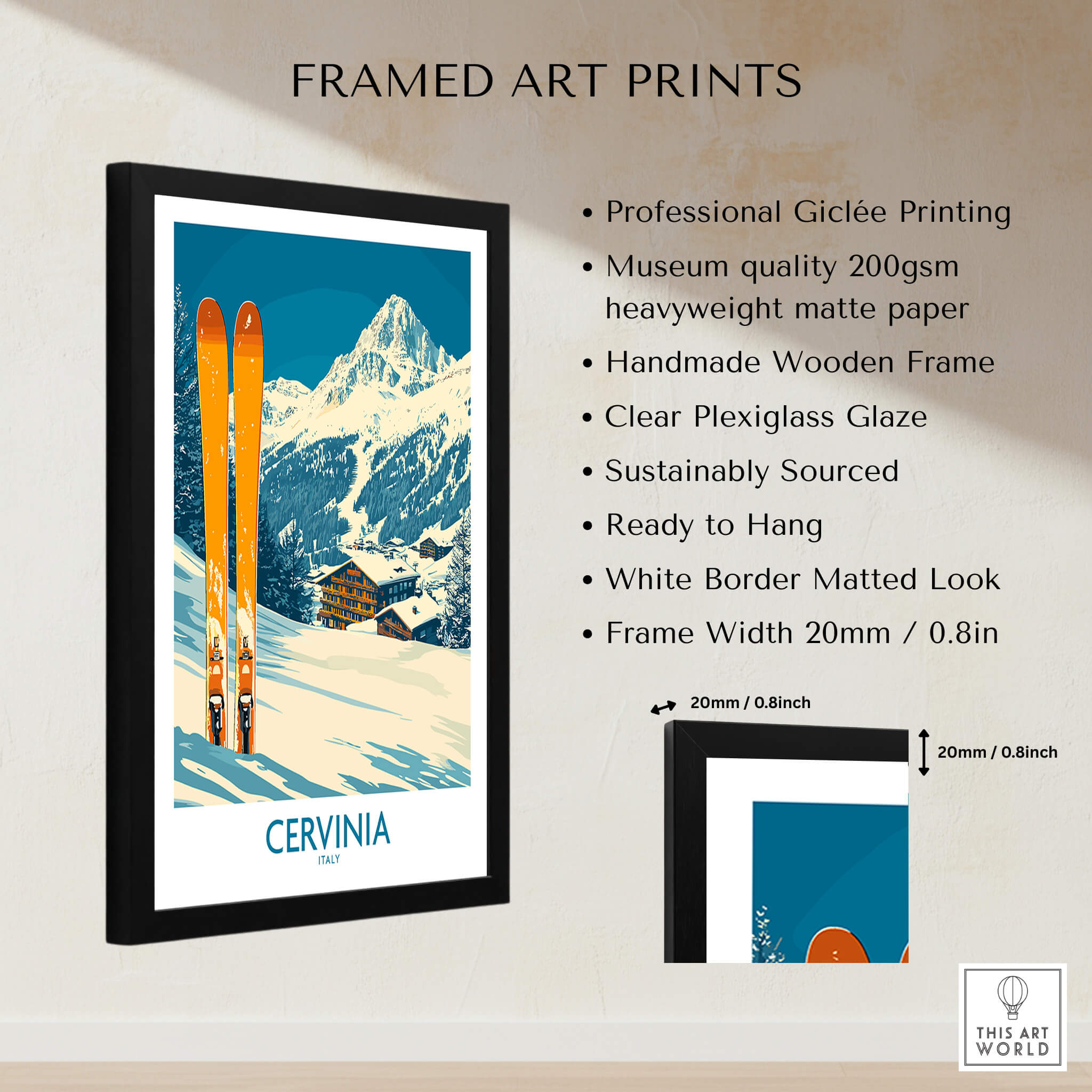 Cervinia Ski Wall Art Poster framed with wooden frame, showcasing ski equipment and mountain scenery.