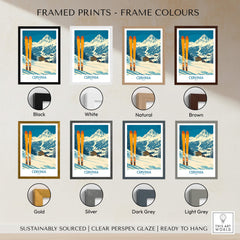Cervinia Ski Wall Art Poster framed prints in various colors including black, white, natural, brown, gold, silver, dark grey, and light grey.