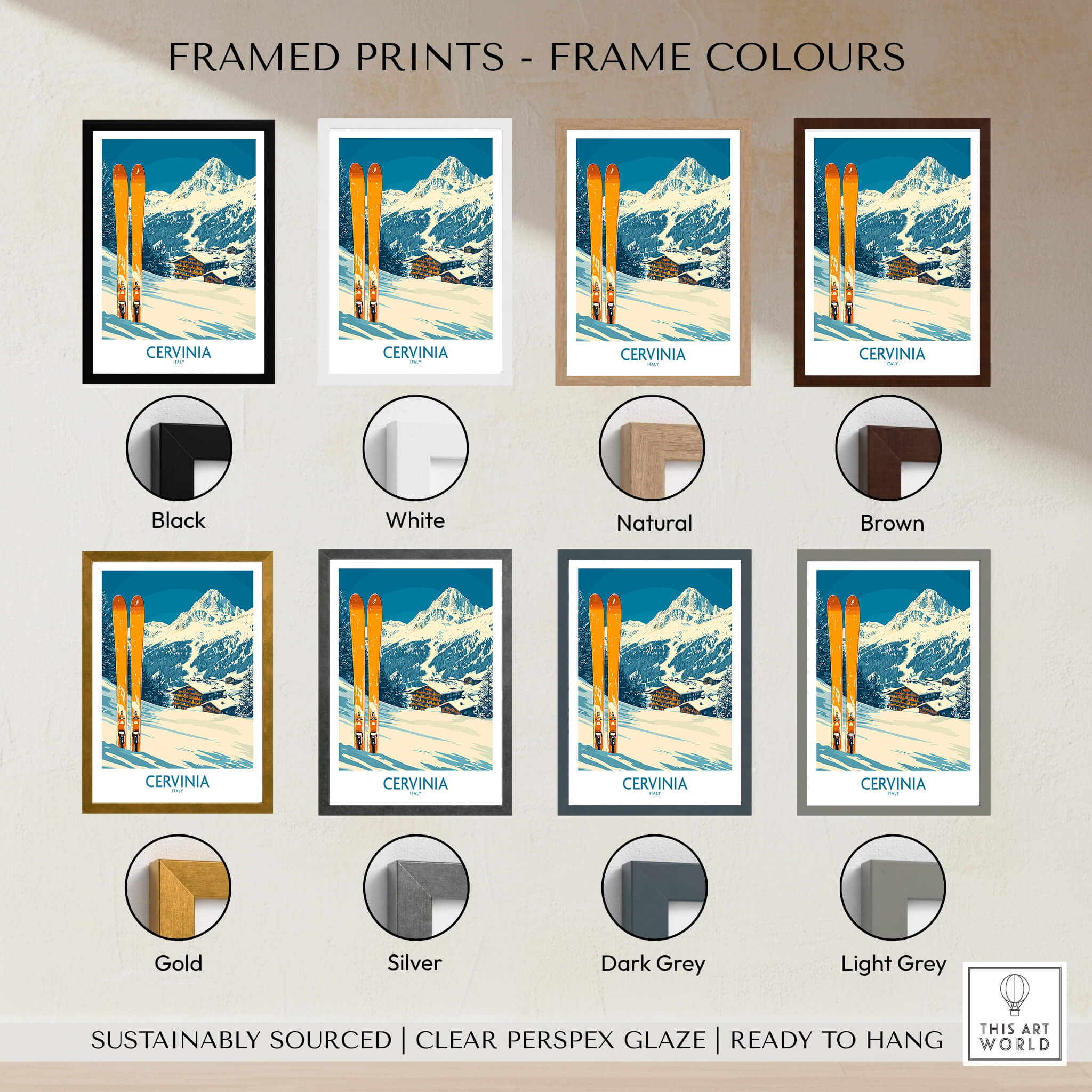 Cervinia Ski Wall Art Poster framed prints in various colors including black, white, natural, brown, gold, silver, dark grey, and light grey.