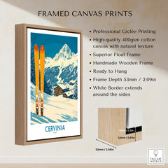 Cervinia Ski Wall Art Poster framed canvas print featuring vibrant skiing scene and natural wooden frame.