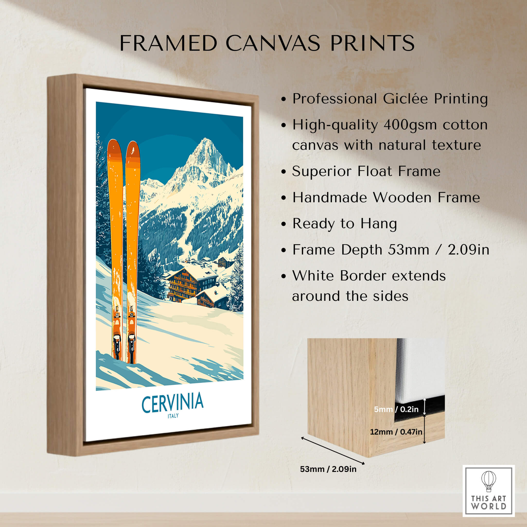 Cervinia Ski Wall Art Poster framed canvas print featuring vibrant skiing scene and natural wooden frame.