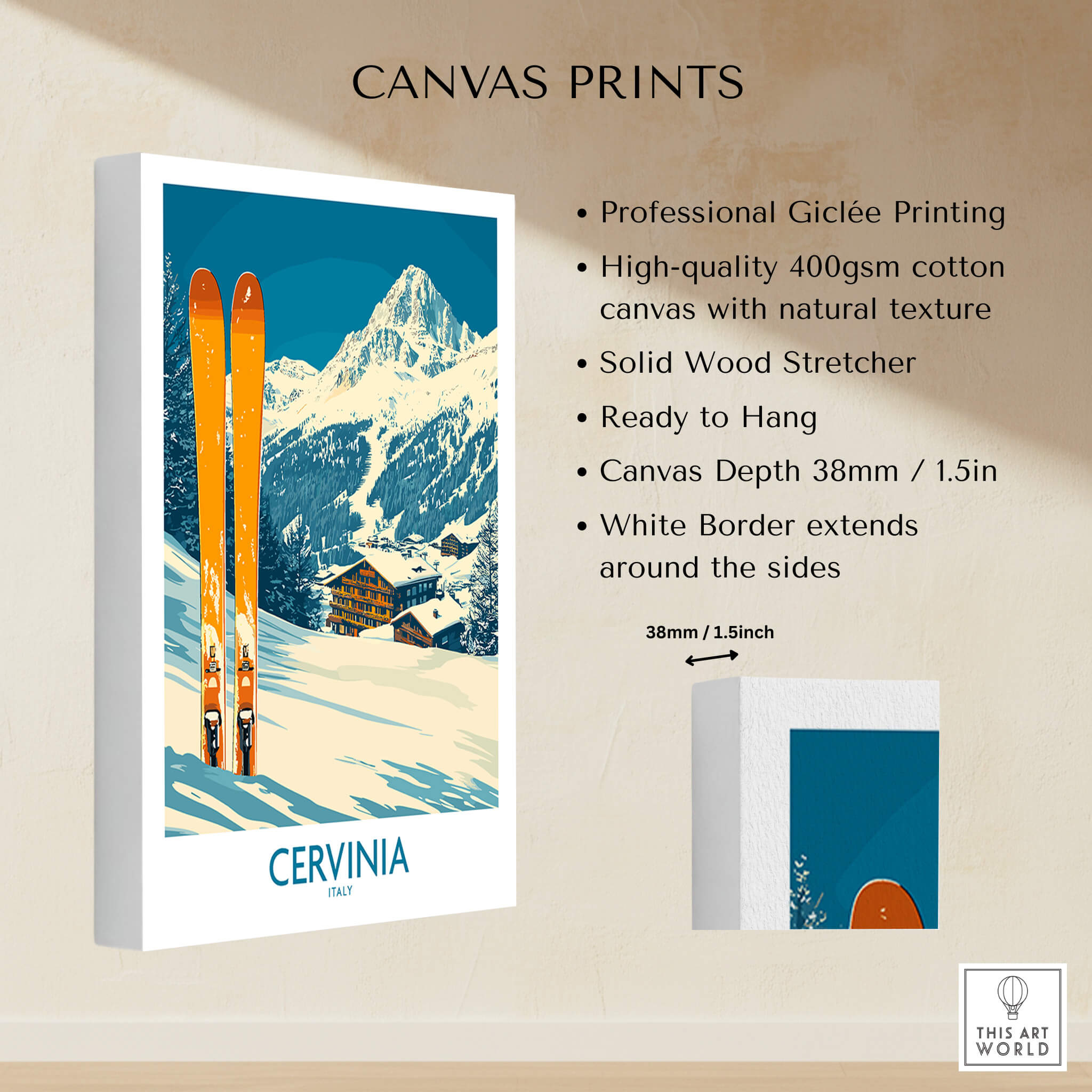 Cervinia Ski Wall Art Poster featuring professional Giclée printing and winter landscape design.