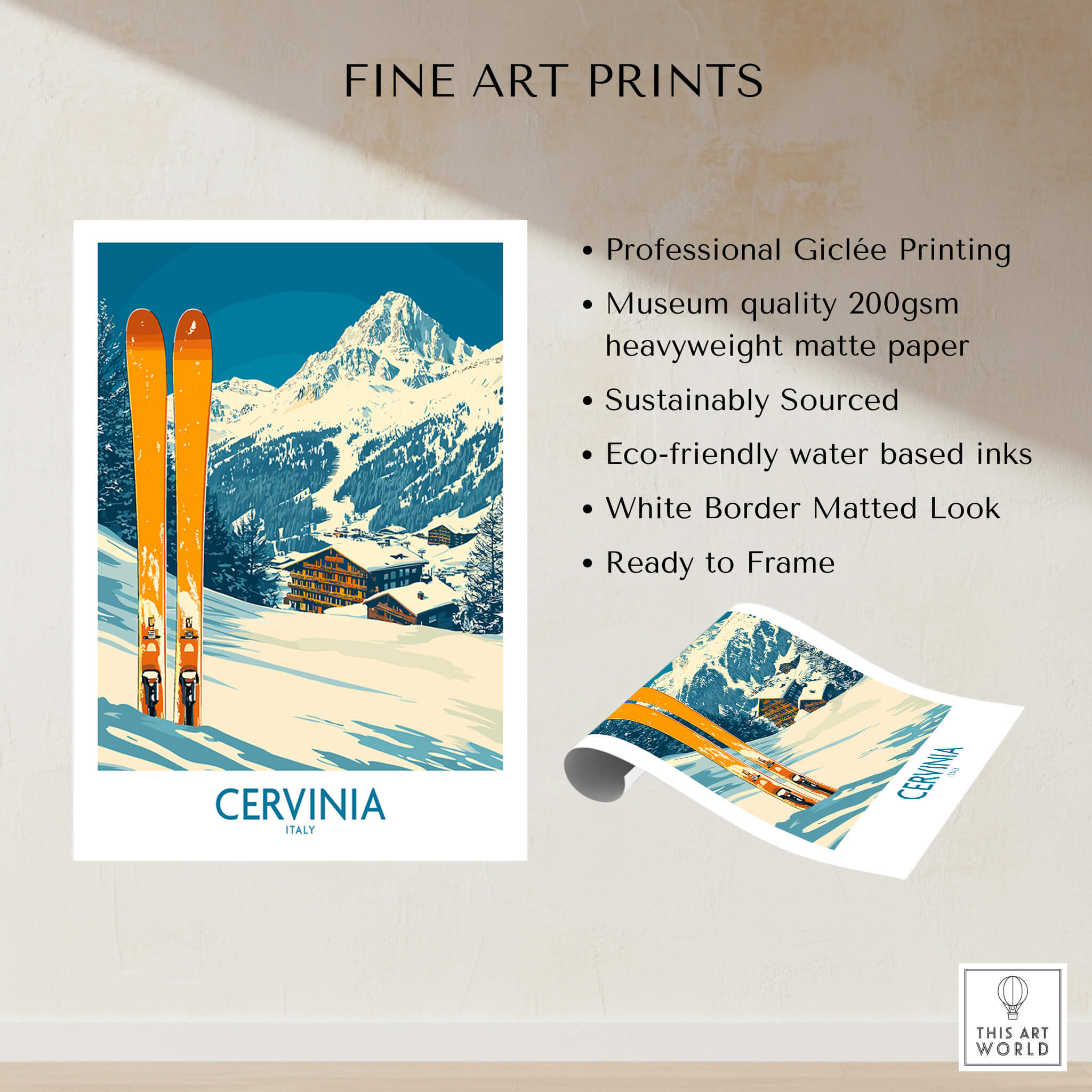 Cervinia Ski Wall Art Poster featuring skis and mountain landscape, perfect for ski lovers and winter decor.