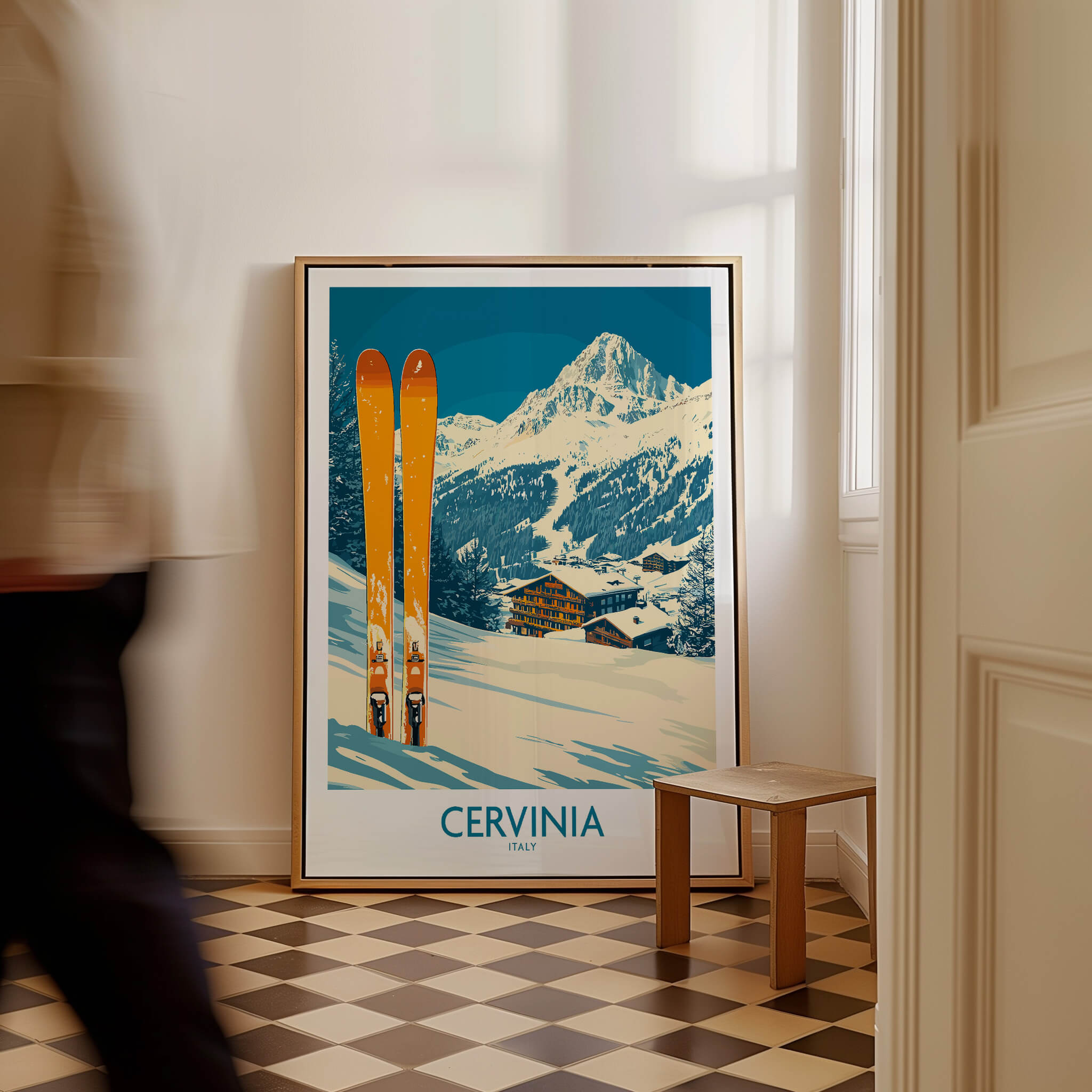 Cervinia Ski Wall Art Poster featuring skis and a snowy mountain landscape.