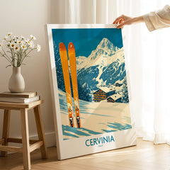 Cervinia Ski Wall Art Poster featuring vibrant skiing scene in the Swiss Alps.