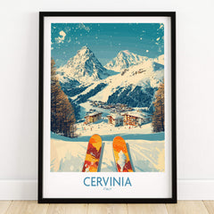 Cervinia Wall Art Ski Poster Italy featuring snowy slopes and majestic mountains in Cervinia, Italy.