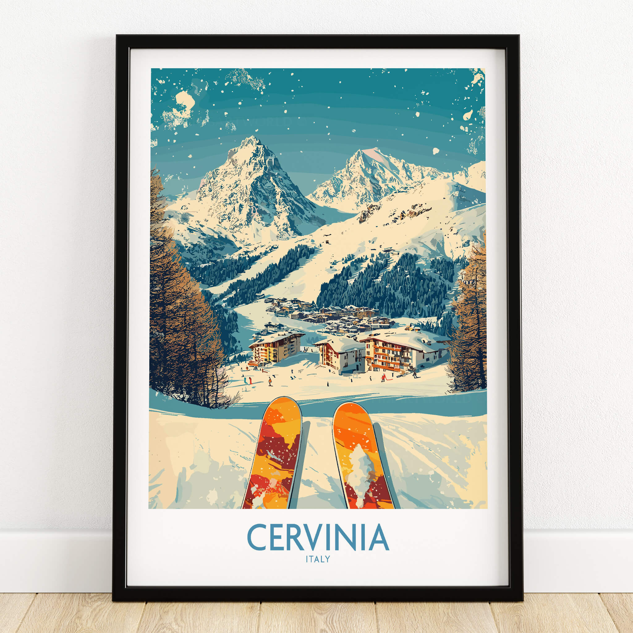 Cervinia Wall Art Ski Poster Italy featuring snowy slopes and majestic mountains in Cervinia, Italy.
