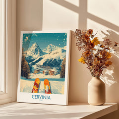 Cervinia Wall Art Ski Poster Italy featuring snowy mountains and colorful skis.