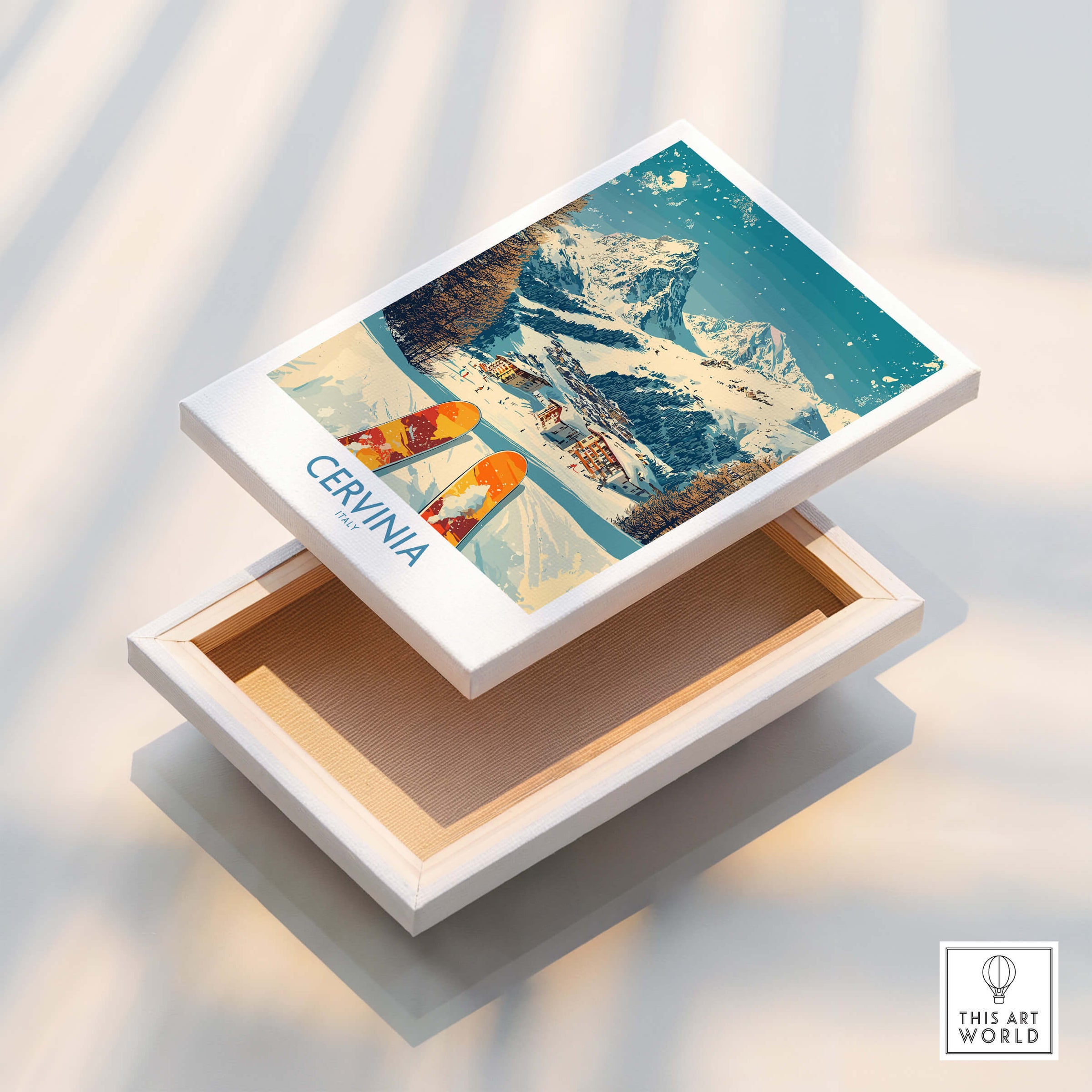 Cervinia Wall Art Ski Poster Italy displayed on a stylish wooden box, featuring snowy mountains and skiing scene.