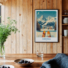 Cervinia Wall Art Ski Poster Italy displayed in a cozy wooden setting with mountains and skis.