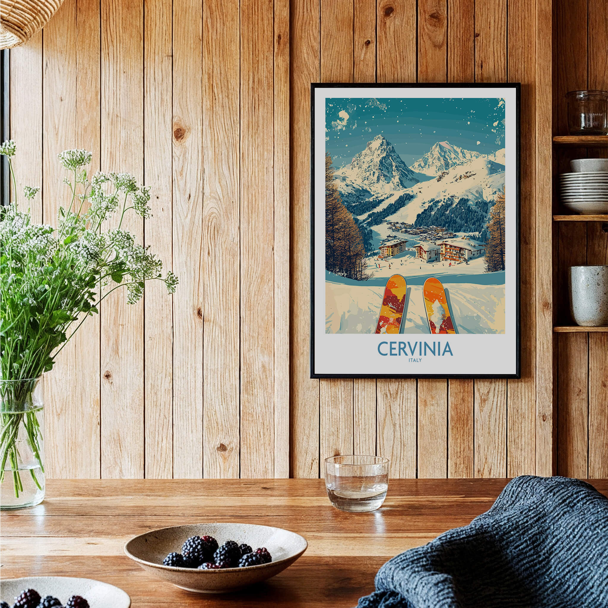 Cervinia Wall Art Ski Poster Italy displayed in a cozy wooden setting with mountains and skis.