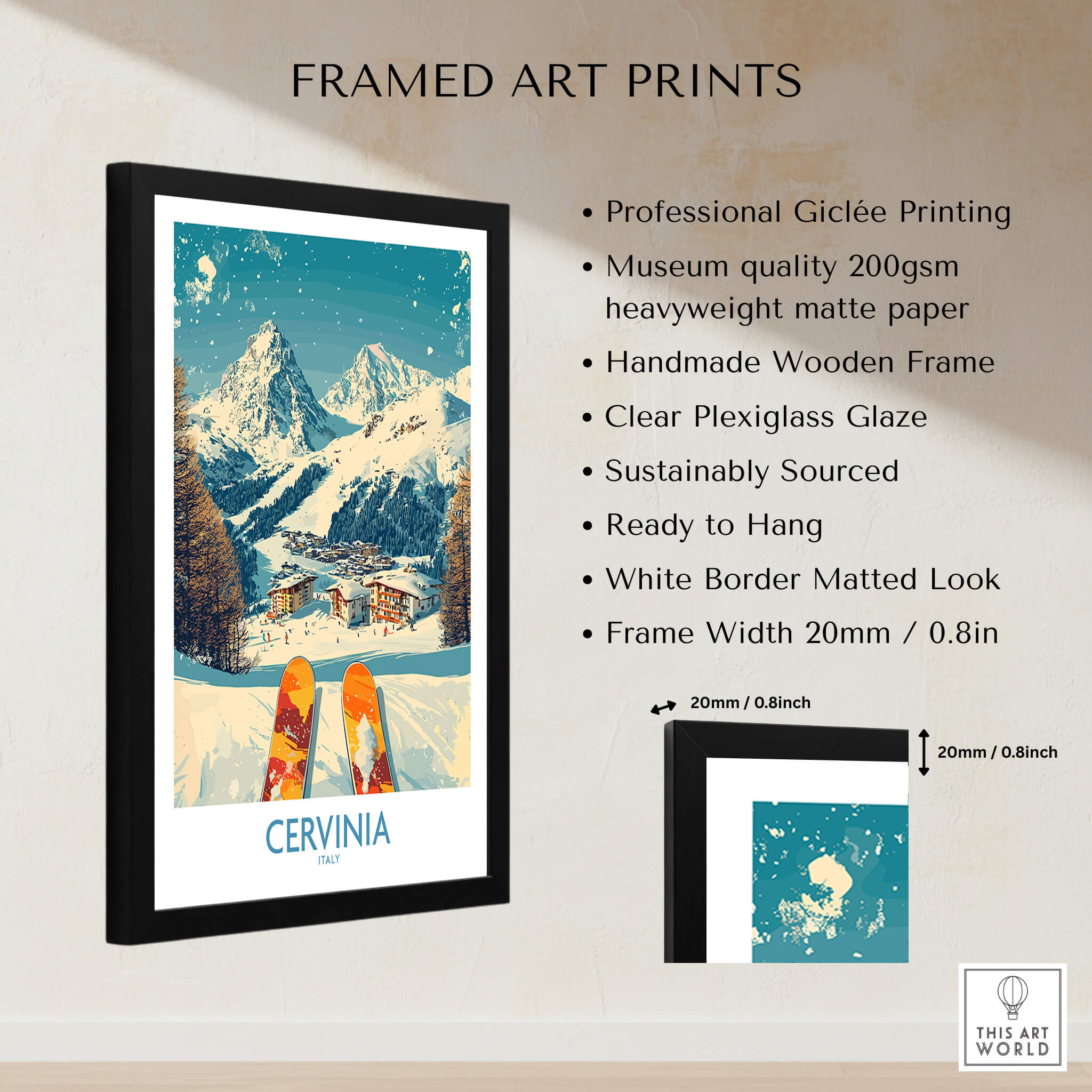 Cervinia Wall Art Ski Poster Italy framed art print showcasing stunning snowy mountains and ski slopes.