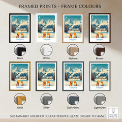Cervinia Wall Art Ski Poster Italy with various frame colors including black, white, natural, and brown.