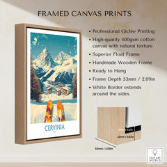 Cervinia Wall Art Ski Poster Italy framed canvas print showcasing skiing in the majestic mountains of Cervinia, Italy.