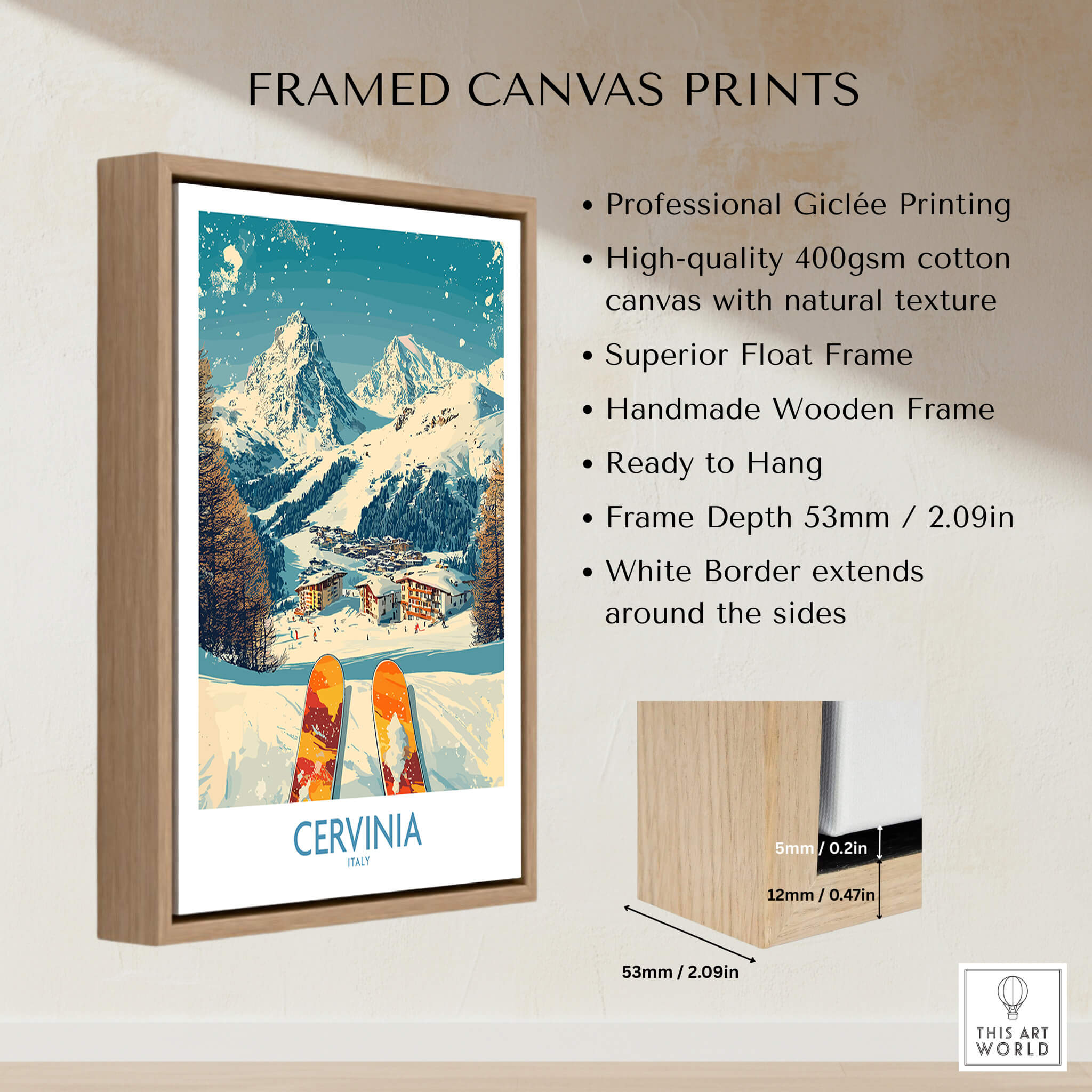 Cervinia Wall Art Ski Poster Italy framed canvas print showcasing skiing in the majestic mountains of Cervinia, Italy.