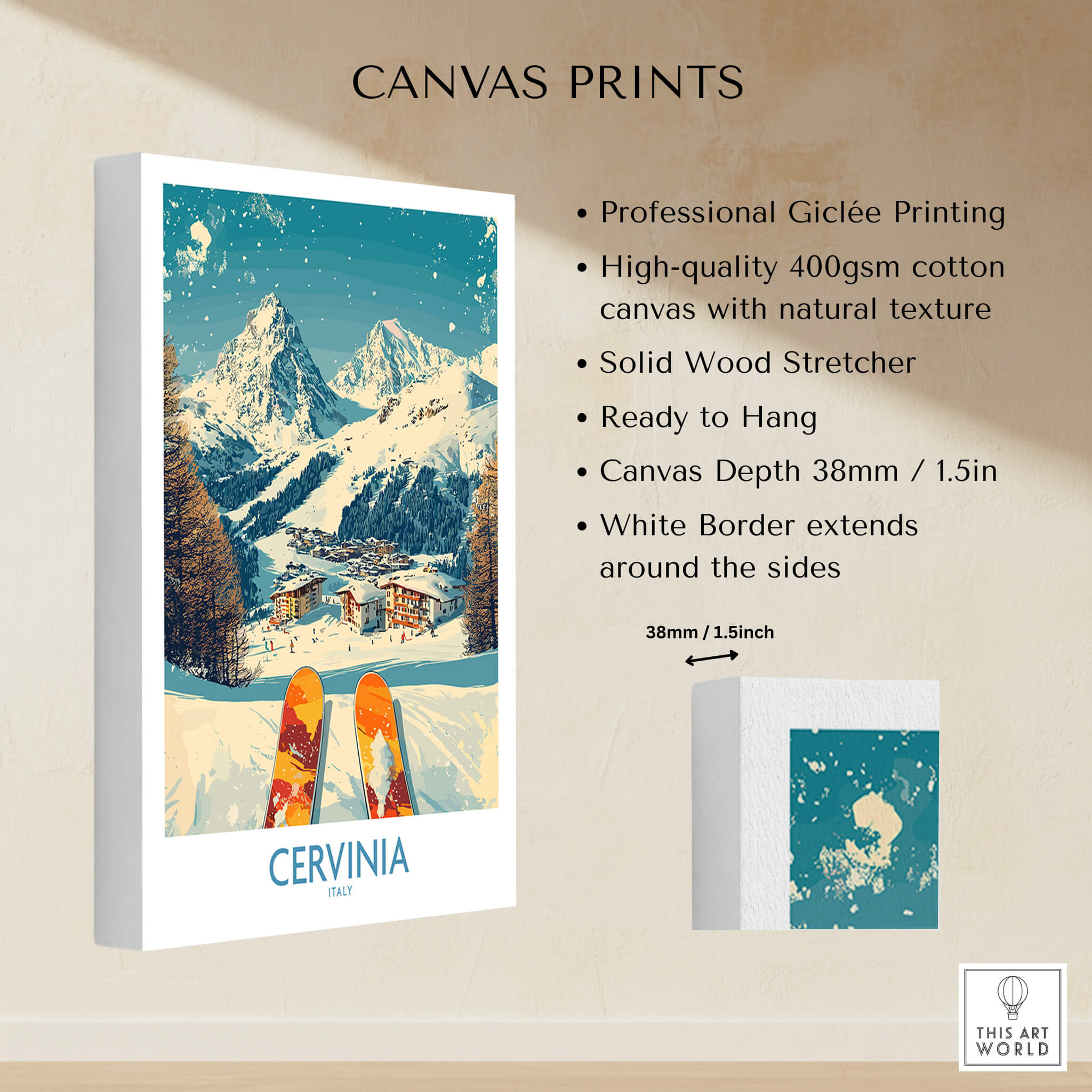 Cervinia Wall Art Ski Poster Italy featuring professional Giclée printing on high-quality canvas.
