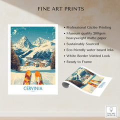 Cervinia Wall Art Ski Poster Italy featuring stunning mountains and ski slopes in vibrant colors.