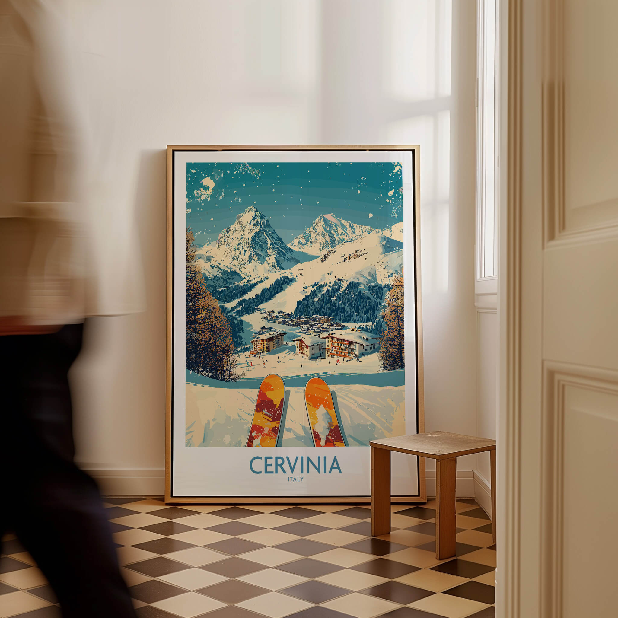 Cervinia Wall Art Ski Poster Italy showcasing stunning mountains and slopes in an elegant interior setting.