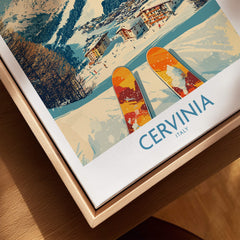 Cervinia Wall Art Ski Poster Italy showcasing vibrant skis against a snowy Cervinia landscape.