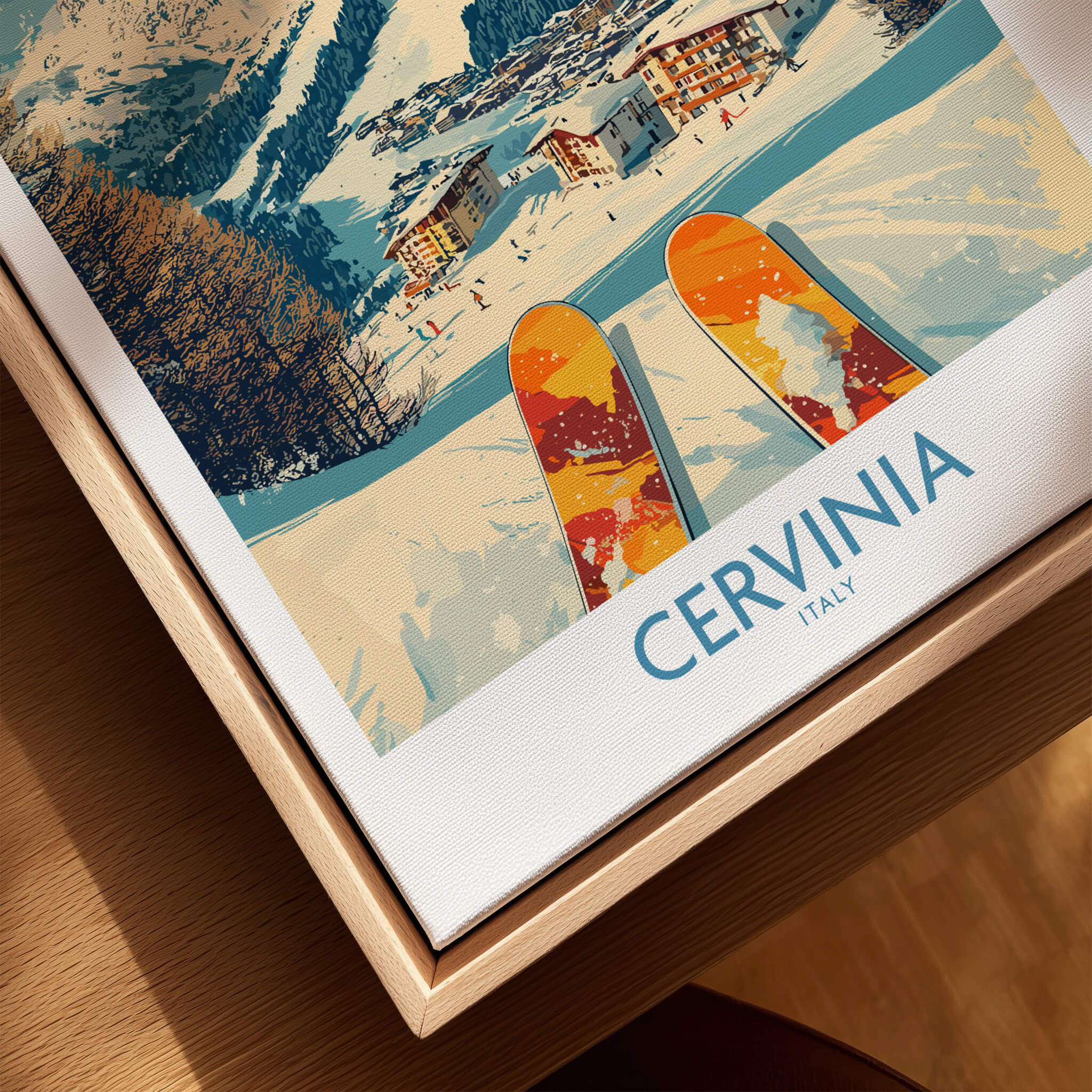 Cervinia Wall Art Ski Poster Italy showcasing vibrant skis against a snowy Cervinia landscape.