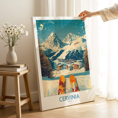 Cervinia Wall Art Ski Poster Italy showcasing snowy mountains and ski slopes in a beautiful artistic design.