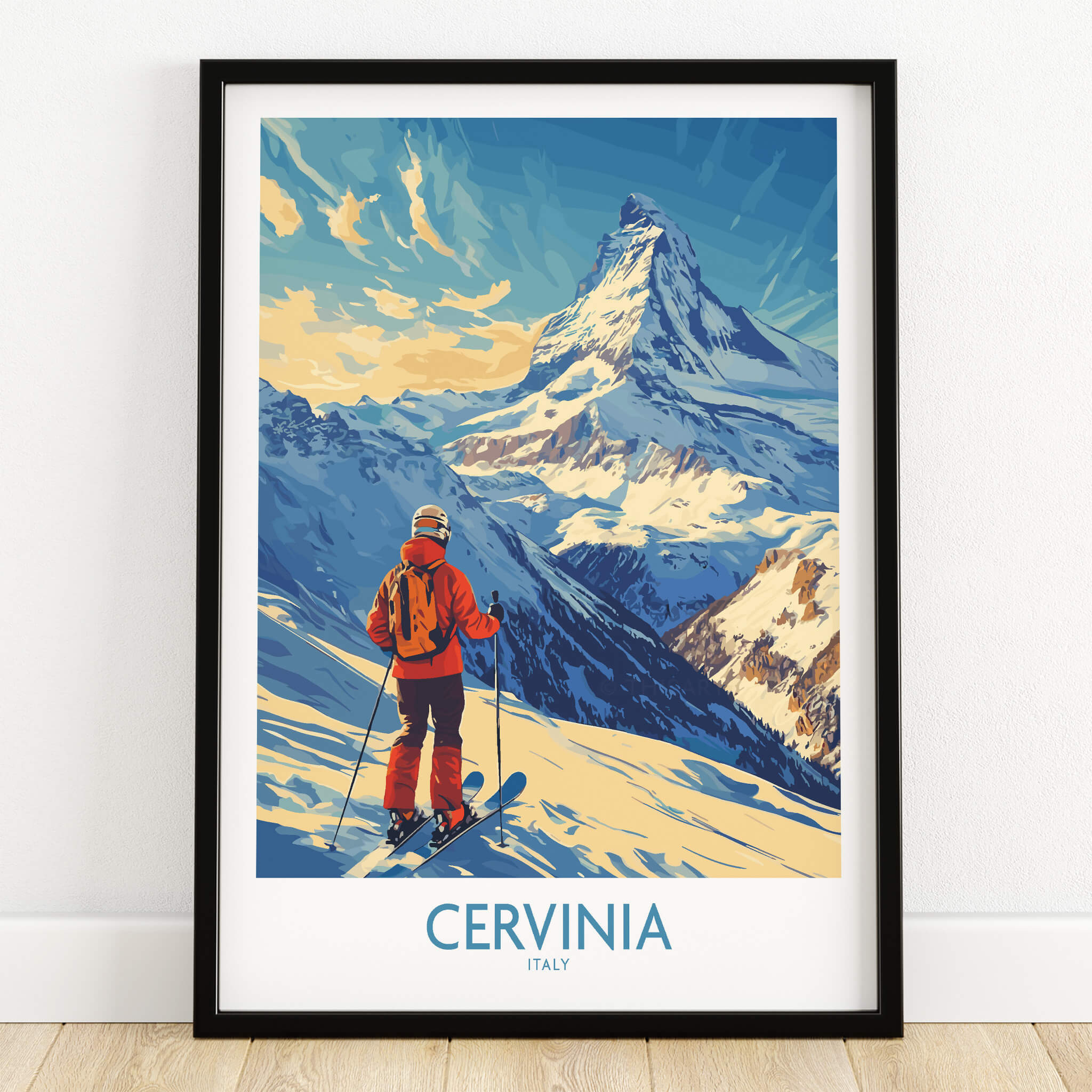Ski Poster Cervinia Italy featuring a skier with stunning mountain views in Cervinia, Italy.