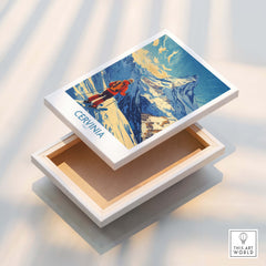 Ski Poster Cervinia Italy showcasing a snowy mountain scene with a skier on the cover, perfect for winter decor.