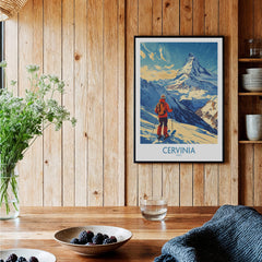 Ski Poster Cervinia Italy showcasing stunning mountain views and skier, perfect for home decor and adventure inspiration.