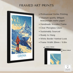 Ski Poster Cervinia Italy framed art print showcasing stunning mountain views and a skier in vibrant colors.