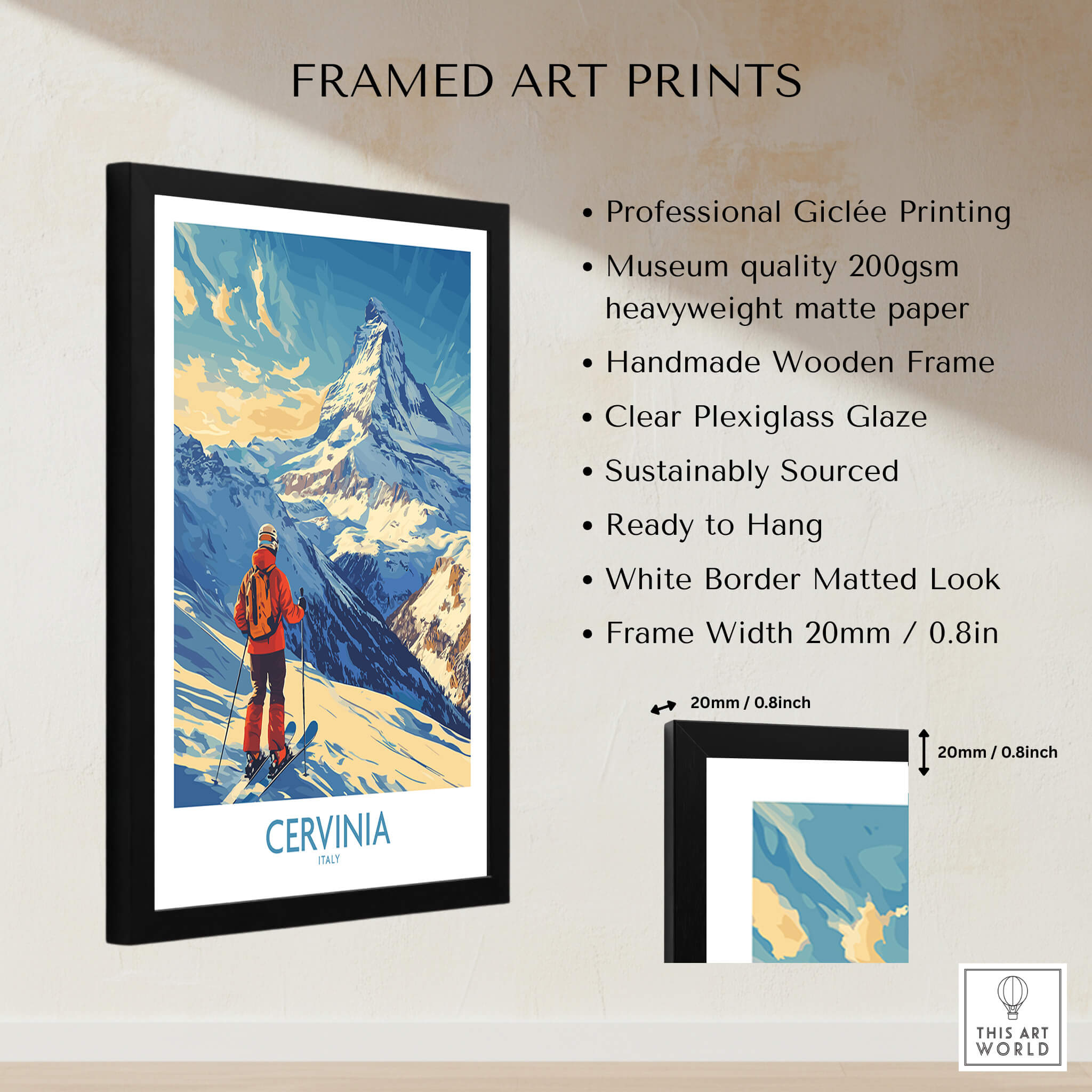 Ski Poster Cervinia Italy framed art print showcasing stunning mountain views and a skier in vibrant colors.