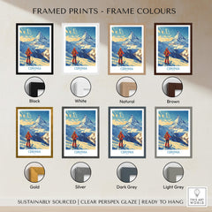 Framed prints displaying different frame colors for Ski Poster Cervinia Italy, showcasing black, white, natural, brown, gold, silver, dark grey, and light grey.
