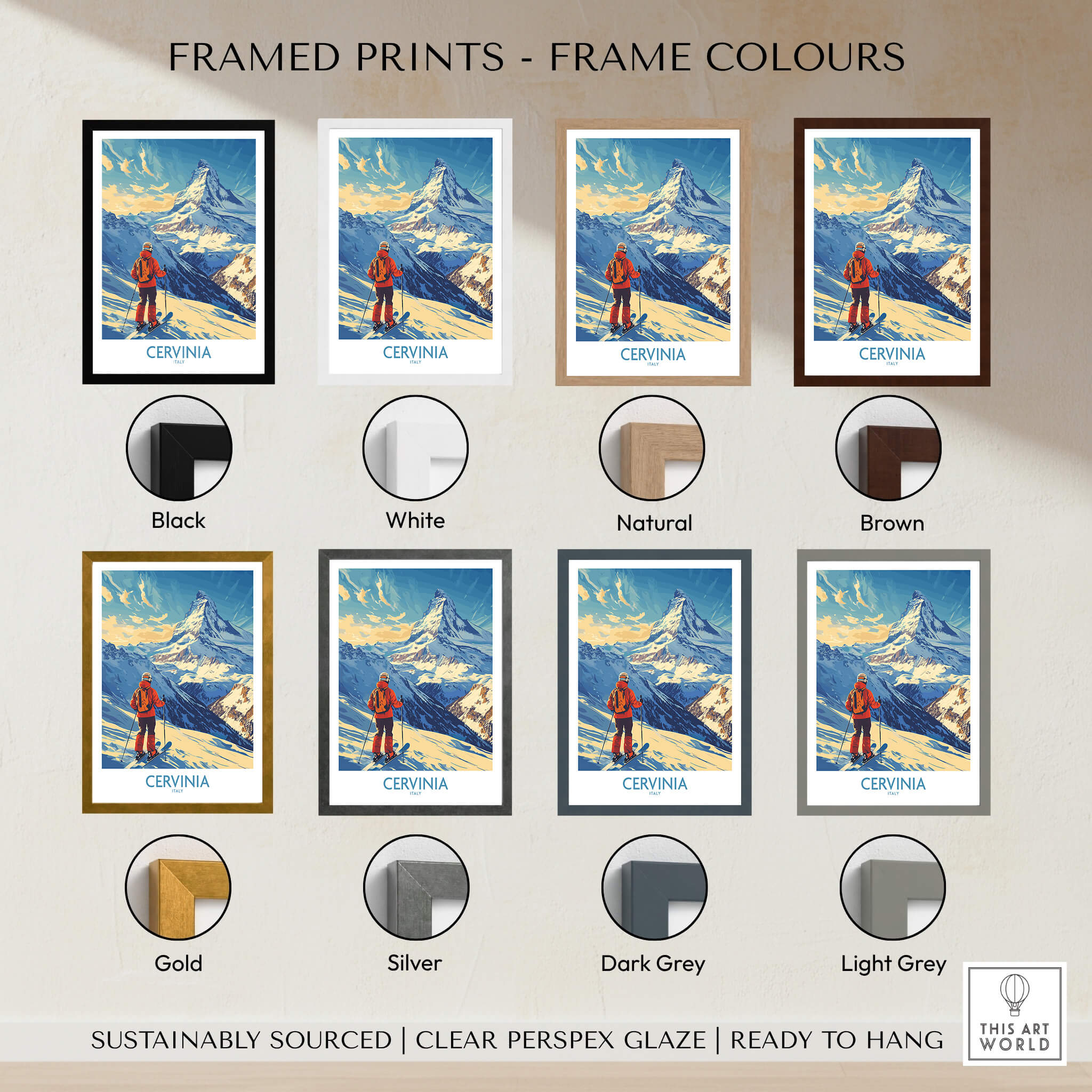 Framed prints displaying different frame colors for Ski Poster Cervinia Italy, showcasing black, white, natural, brown, gold, silver, dark grey, and light grey.